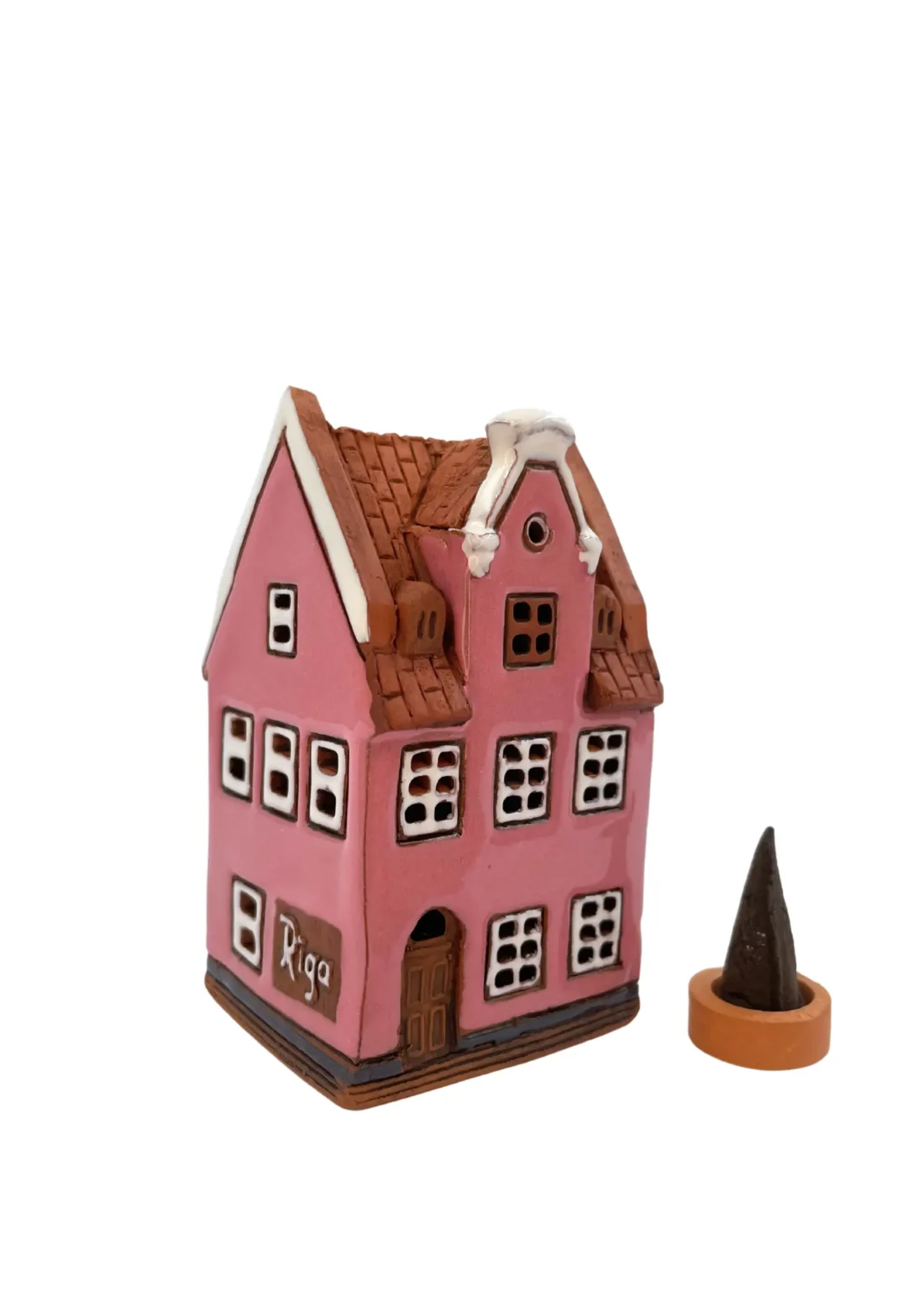 Rosa Haus – Historisches Haus, Riga | Handgefertigtes Miniaturhäuschen & Räucherkegelhalter