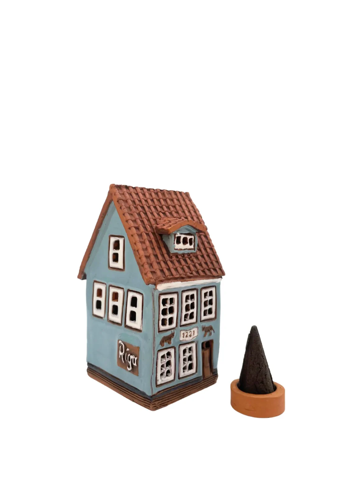 Blaues Haus – Historisches Gebäude, Riga | Handgefertigtes Miniaturhäuschen & Räucherkegelhalter